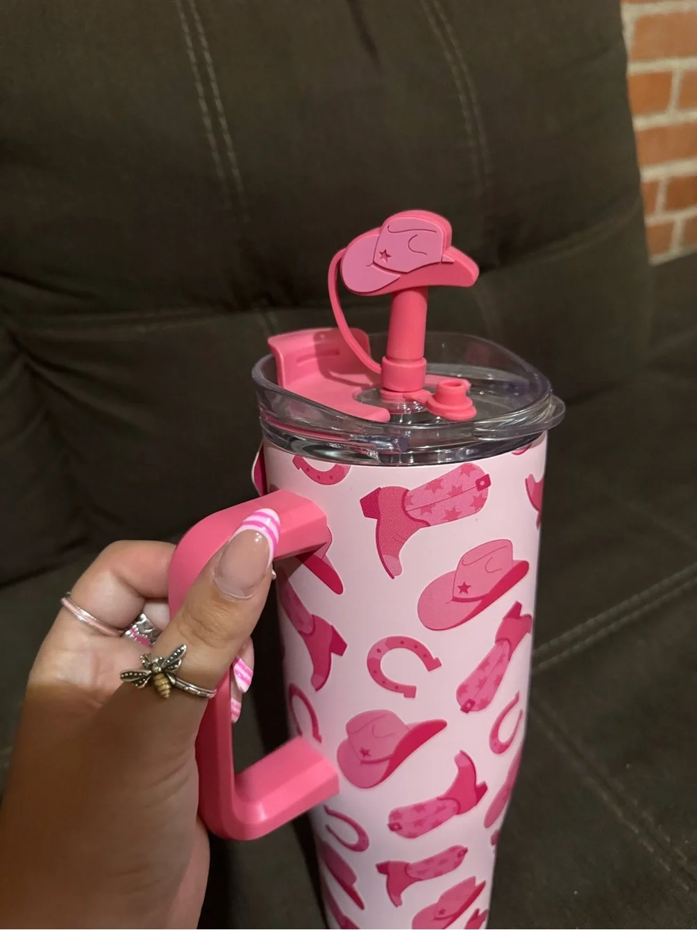 Pink Cowboy Hat Pattern Travel Tumbler with Handle